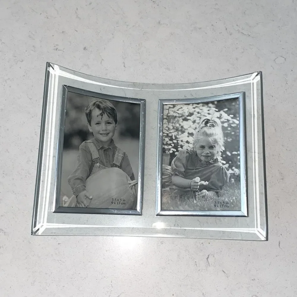 Photo Plus Products Curved Glass Double Picture Frame Silver Beveled 3.5x5 Clear